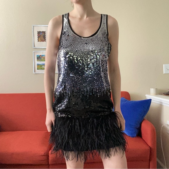 Michael Kors silver to black ombre sequin and feathers flapper tank dress - Picture 4 of 6